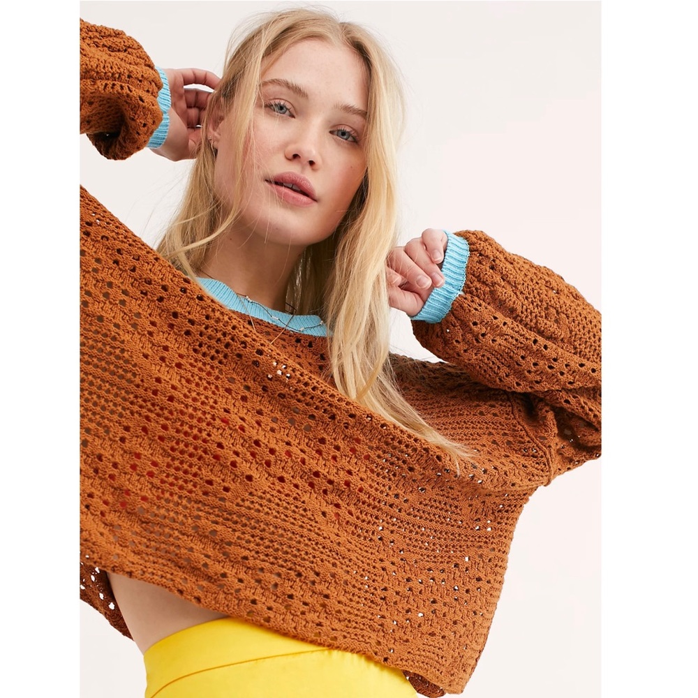Free People Home Run Open Weave Sweater Brown Small